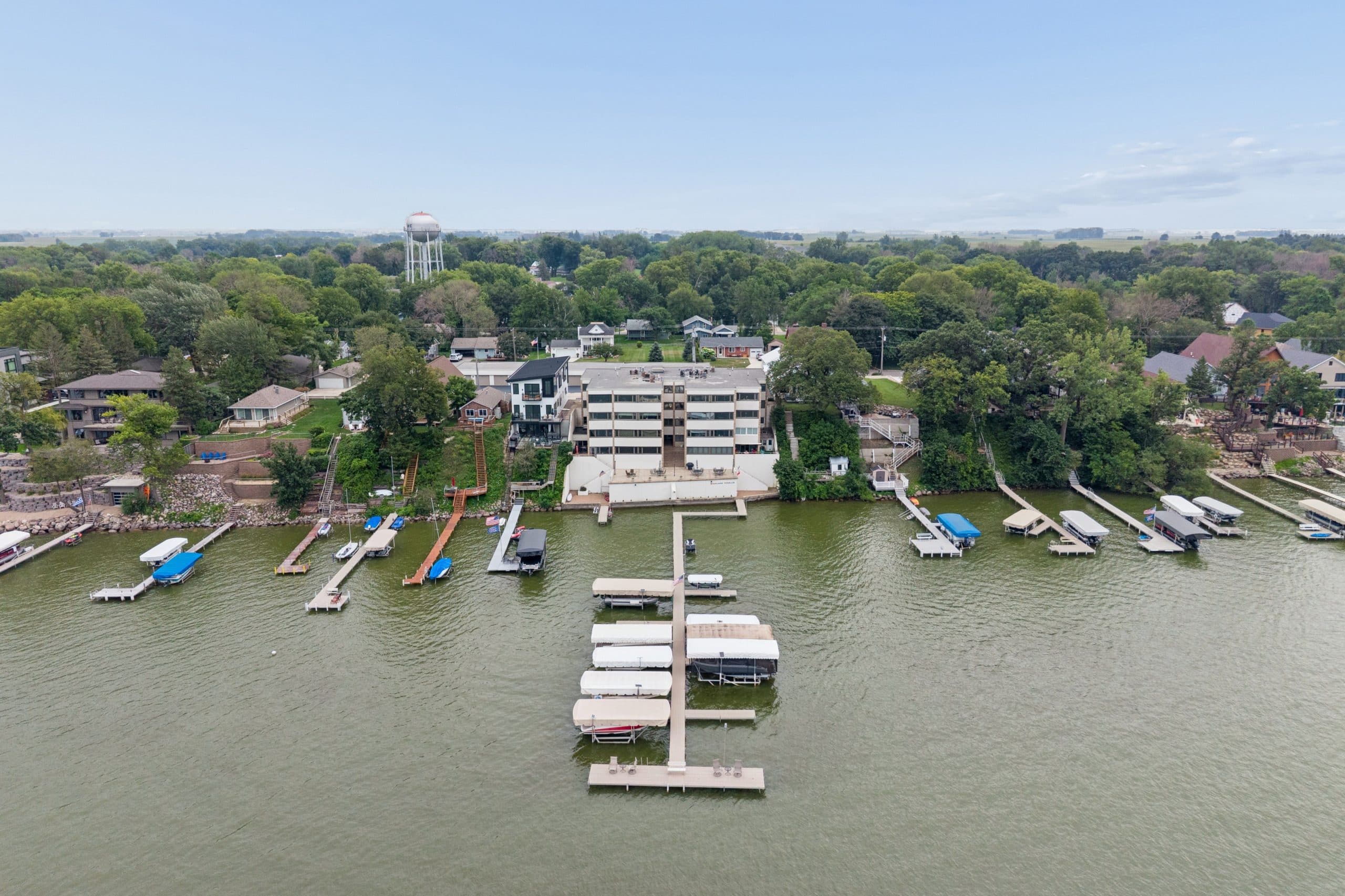 Boats and docks along the Clear Lake shoreline from the air