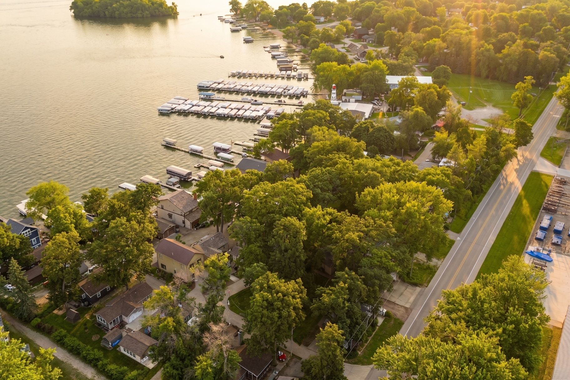 Clear Lake shoreline homes and docks viewed from above