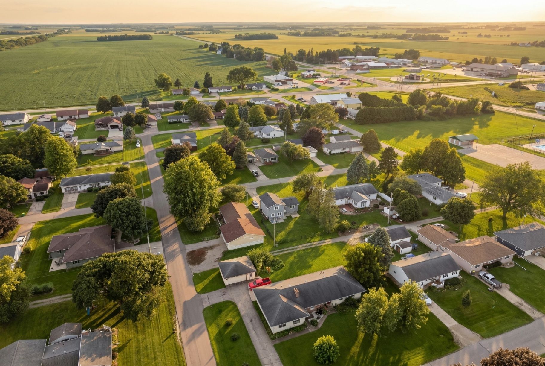 Aerial view of a peaceful Clear Lake residential neighborhood surrounded by mature trees and open land