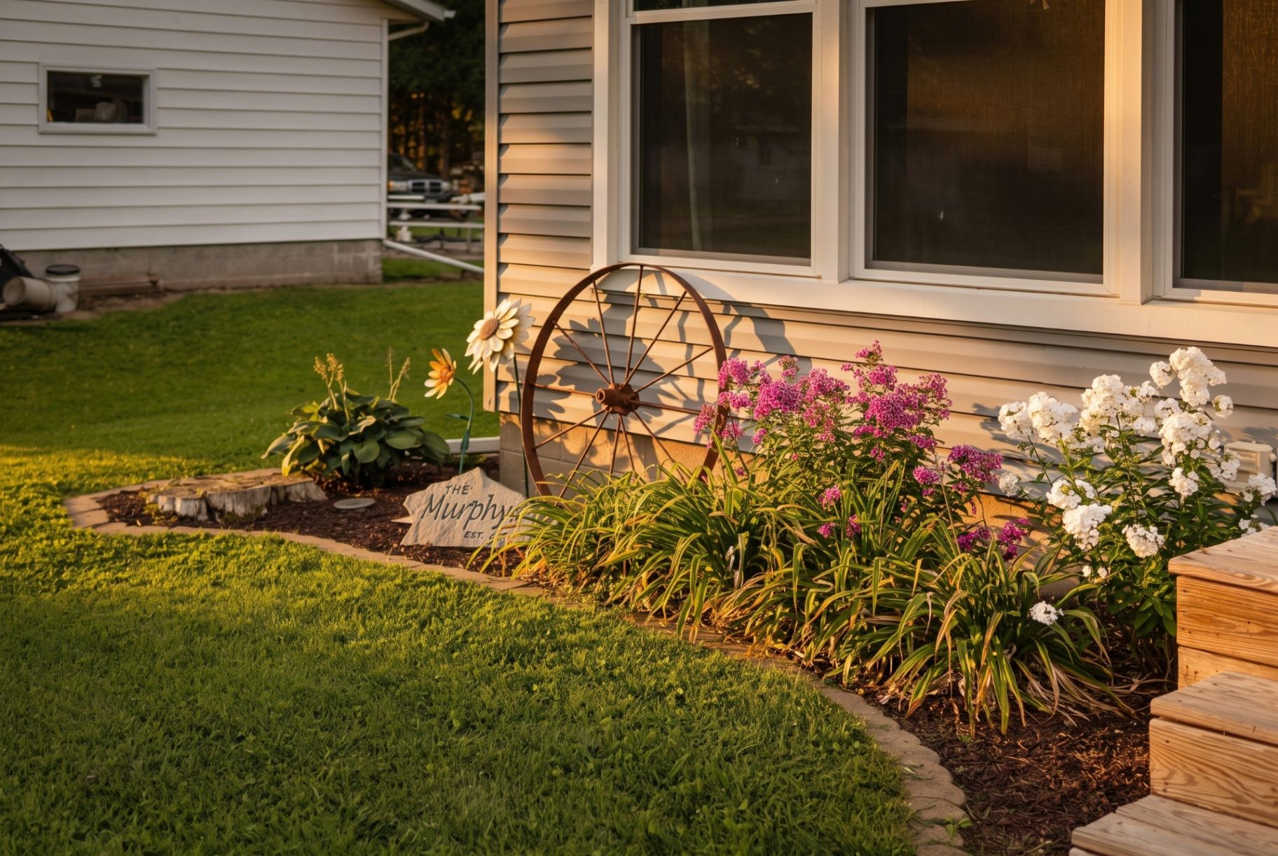 Clear Lake home garden with manicured lawn, flower bed, and welcoming decorative details